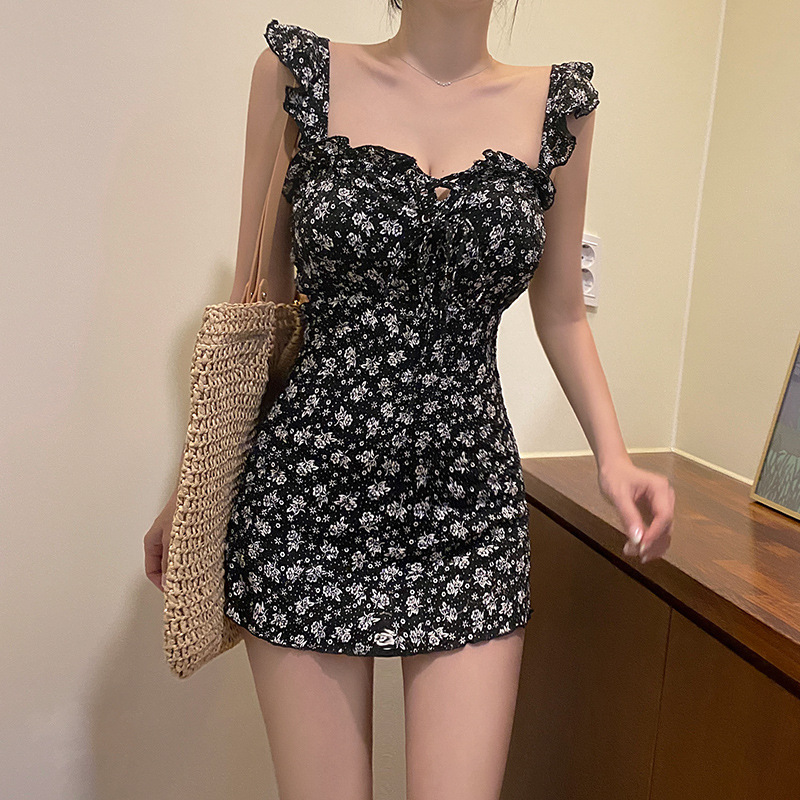2020 Korean New Style Printed Floral Hot Spring Ear Drawstring Conservative Belly Covering Slim Skirt One-piece Swimsuit for Women