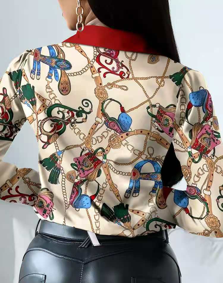Amazon Independent Station 2022 European and American Spring and Autumn Printed Contrast Color Long Sleeve Elegant Slim-fit Blouse