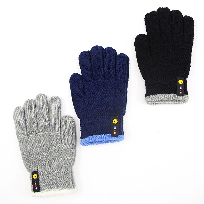 Outdoor Riding Children's Gloves Spring Student Five-finger Gloves Warm Wool Smiley Finger Gloves Wholesale 6-10 Years Old