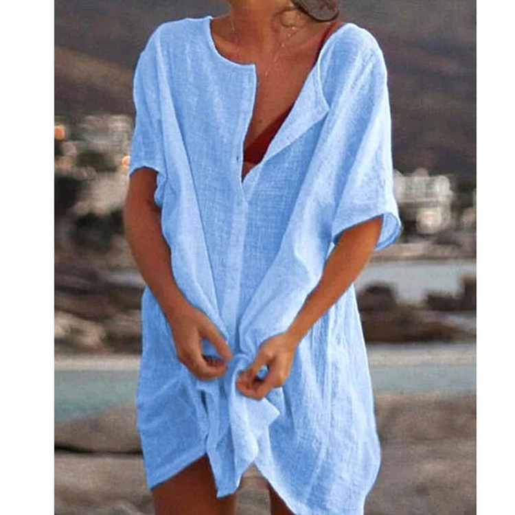 2023 cross-border foreign trade Europe and the United States summer women's shirt multi-color multi-size long loose solid color short sleeve shirt Women