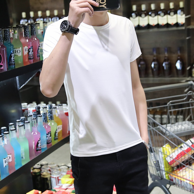 Color T-shirt men's Korean-style round neck youth thin short-sleeved T-shirt black slim bottoming shirt milk Silk