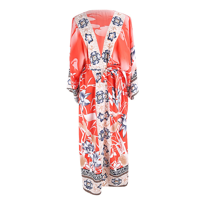 European and American Orange-red Bottom Crane Flower Safflower Kimono Sunscreen Cardigan Chiffon Blouse Swimsuit Outer Vacation Dress Women's Sand