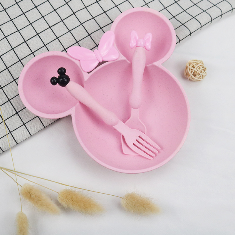 Kindergarten Gift Set Children's Bowl and Dish Three-piece Children's Dinner Plate Wheat Straw Tableware Split Dinner Plate Cross-Border