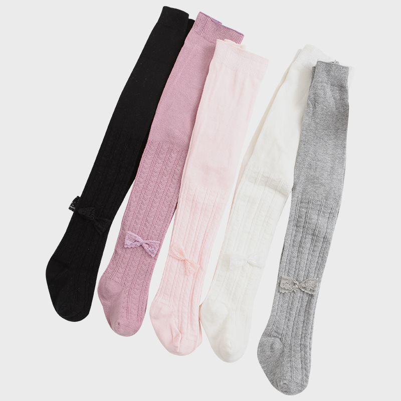 2023 spring new lace bow baby children's leggings boneless stitched combed cotton baby step socks