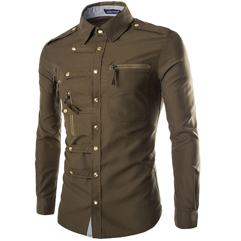 Large size new recommended European and American domineering slim long sleeve shirt men's shirt complex multi button shirt
