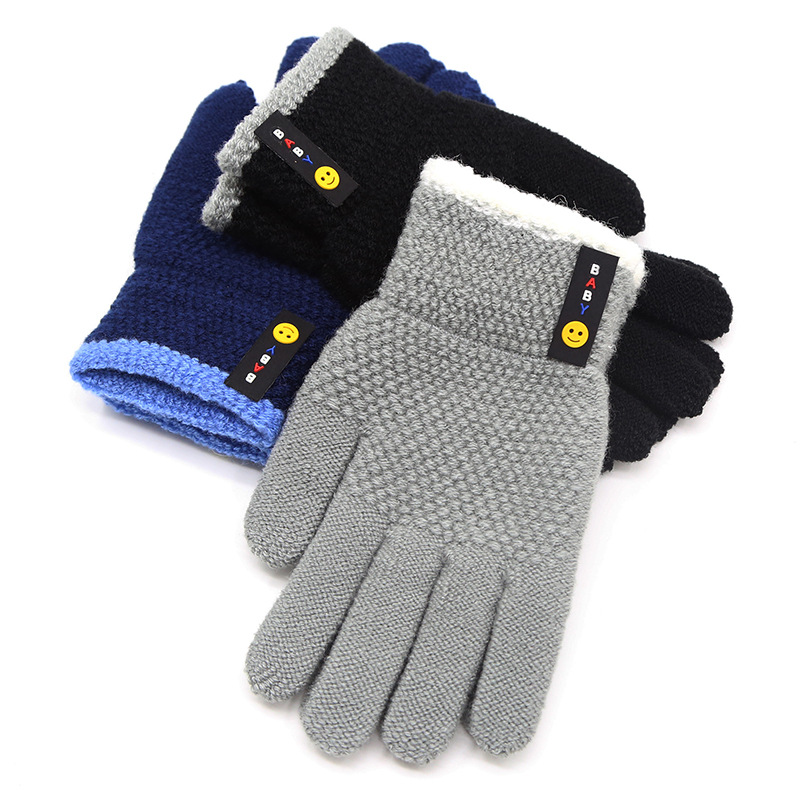 Outdoor Riding Children's Gloves Spring Student Five-finger Gloves Warm Wool Smiley Finger Gloves Wholesale 6-10 Years Old