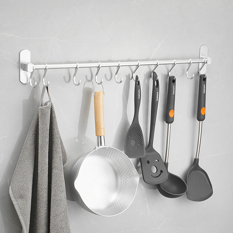 Punch-free Kitchen Hanging Pole Space Aluminum Storage Rack Moveable Hook Wall-mounted Wall Adhesive Door Rear Storage Pendant