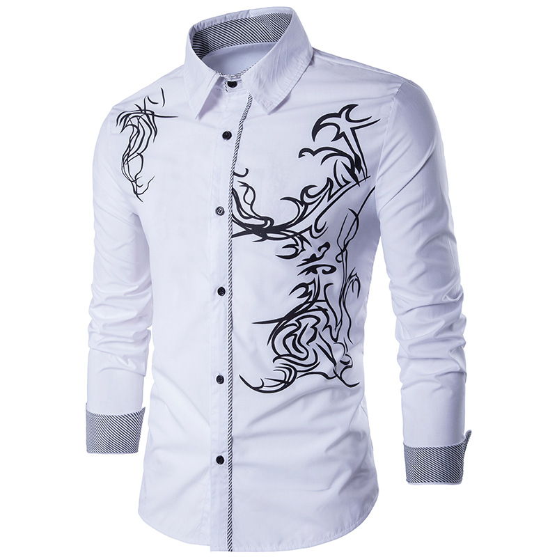 Spring New Men's Shirt Men's Long Sleeve Tattoo Print Long Sleeve Slim Fit Shirt
