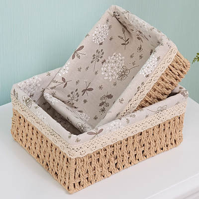 Pastoral Desktop Cosmetic Storage Box Coffee Table Remote Control Storage Basket Woven Imitation Straw Key Snack Storage Box