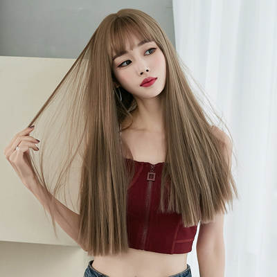 Wig women's long hair full head cover black long straight hair natural air bangs full top hair realistic wig manufacturers wholesale