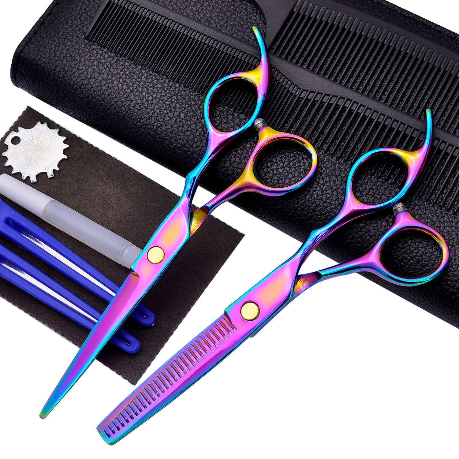 Colorful Electroplated Hairdressing Scissors Hairdressing Scissors Flat Cut Bangs Thinned Broken Hair Tooth Cut Hairdressing Scissors Set