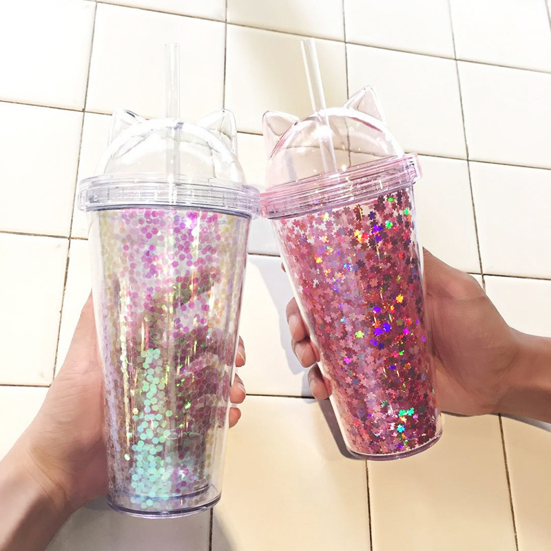 代件水杯insプラスチックストローカップ創意プレゼントカップ猫耳フラッシュ片二重カップロゴ|undefined