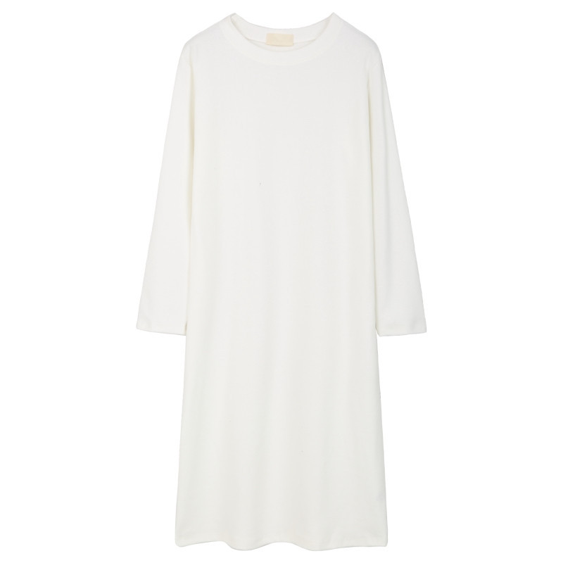 2025 Korean Version New Loose and Slimming Long-Sleeve Straight Pure Color Dress for Women, Knee-Length Medium-Length Student Base Dress