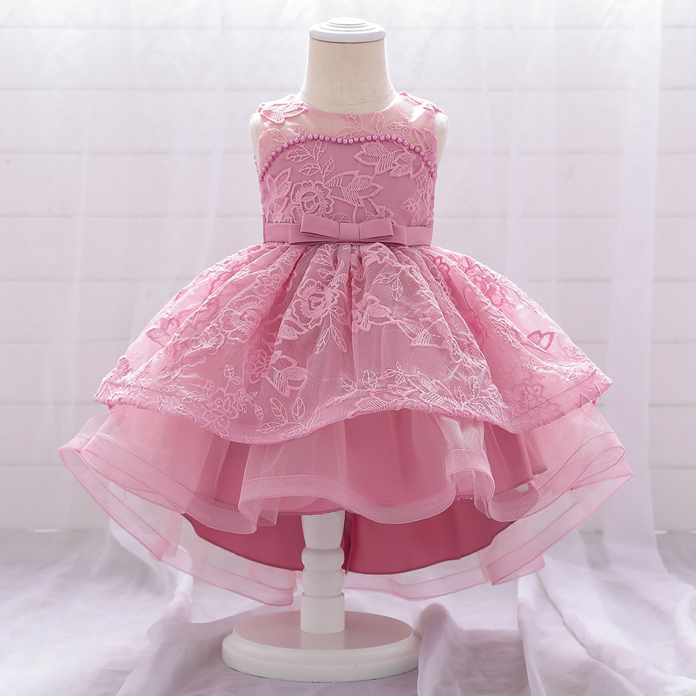 New One Year Old Dress Mesh Embroidered Princess Dress Bow Beaded Cake Dress Tuxedo Sleeveless Photography Dress