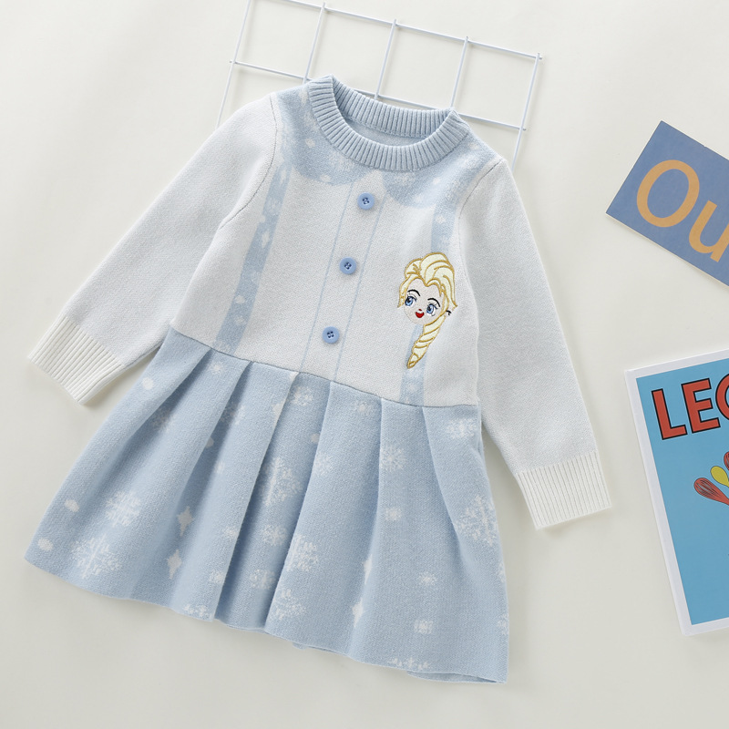 Fleece-lined Thickened Girls Autumn and Winter Elsa Fleece-lined Dress Fake Two-piece Elsa Ice Princess Children's Dress