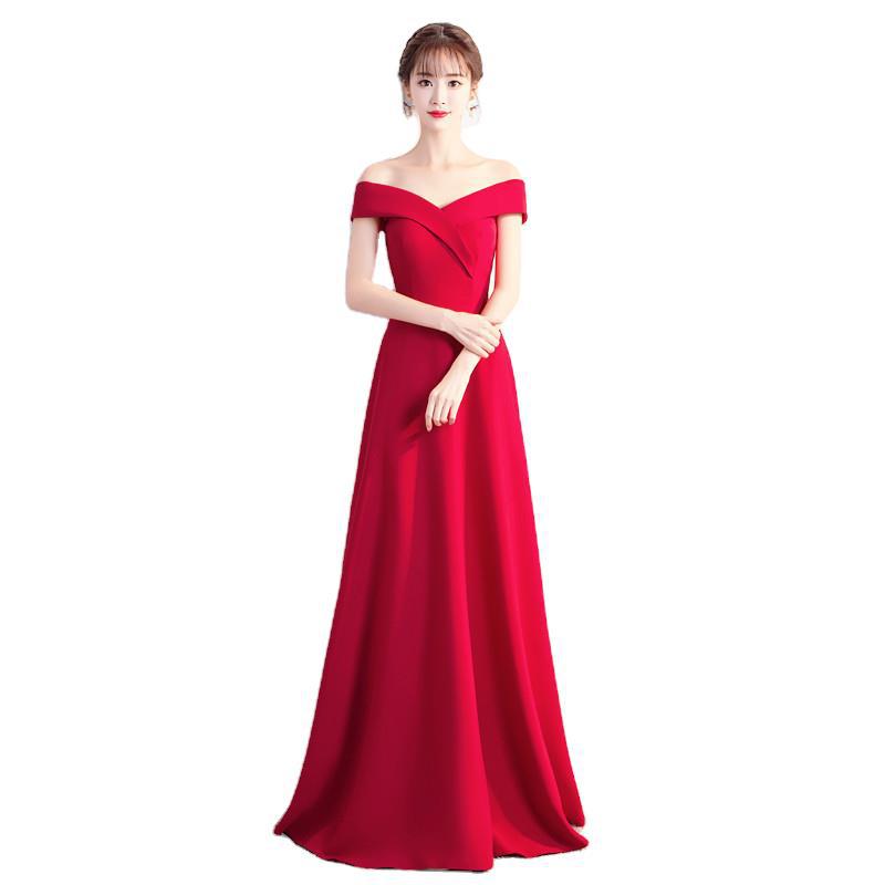 Evening dress women's new banquet bridesmaid black party dress wedding annual meeting performance off-shoulder long dress