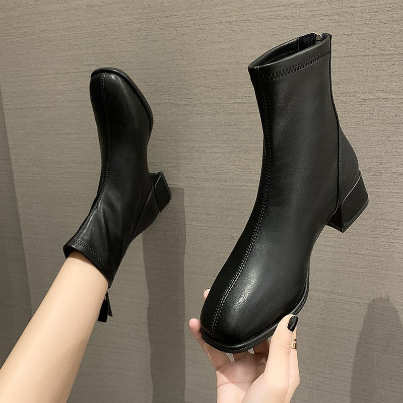 Large Size Martins Boots Women's Short Boots 2022 Autumn and Winter New British Style Soft Leather Mid-Heel Fleece-Lined Chelsea Boots