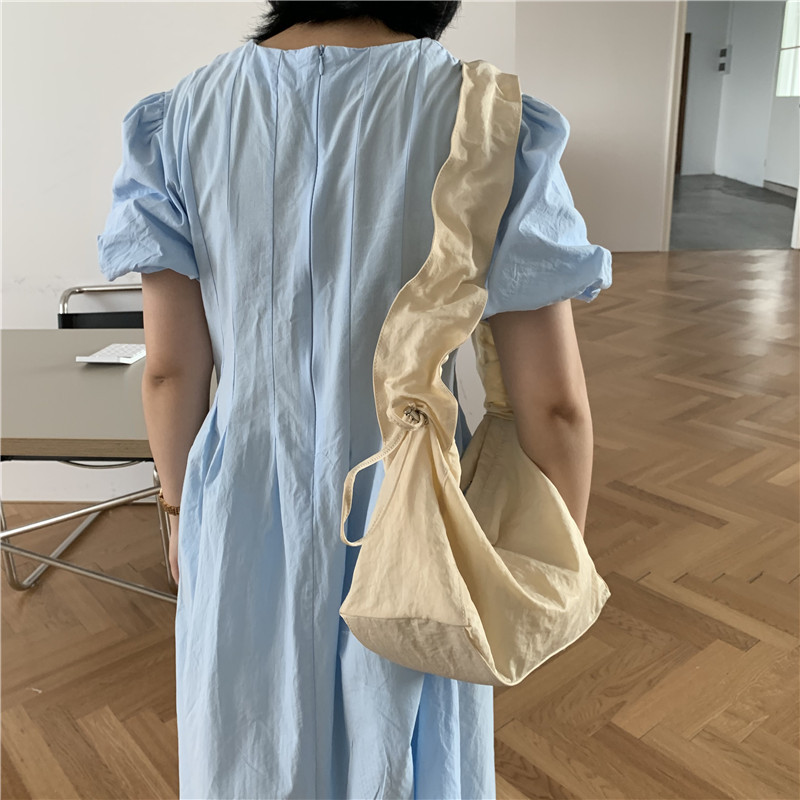 Canvas Bag Women's Korean-style Single-shoulder Pleated Drawstring Canvas Bag Small Fresh Artistic Solid Color Portable Crossbody Casual Women's Bag_voghion.com