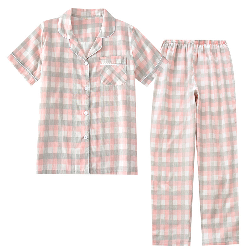 Spring Summer Autumn Men's and Women's Double Gauze Home Clothes Couple's Japanese Style Cotton Pajamas Short-sleeved Trousers Casual Suit_voghion.com