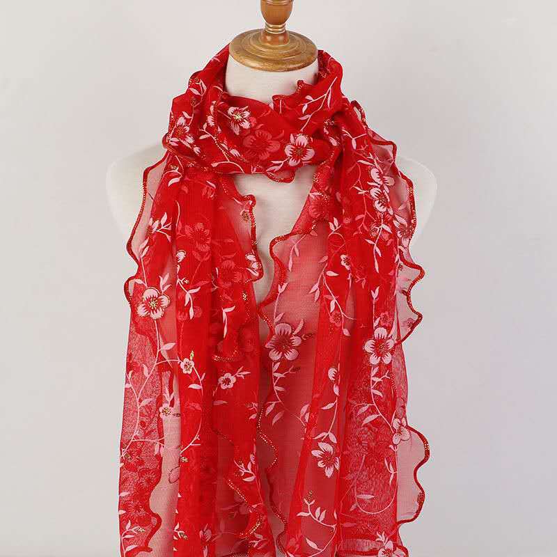 Covered wooden ear printed leaves flower women's autumn and winter long scarf silk scarf printed lace scarf women's factory direct sales