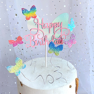 Cross-border butterfly cake decoration gradient non-woven cake card dessert table happy birthday baking plug-in