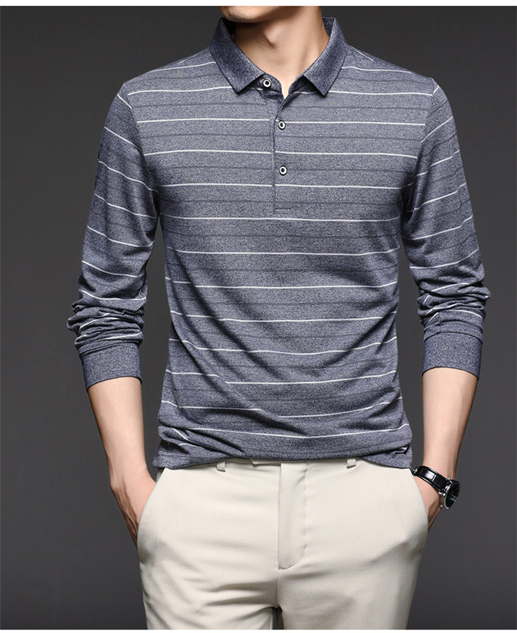 2021 Spring and Autumn Middle-aged Long-sleeved T-shirt Men's Polo Shirt Lapel Striped Casual Dad Base Shirt Korean Style