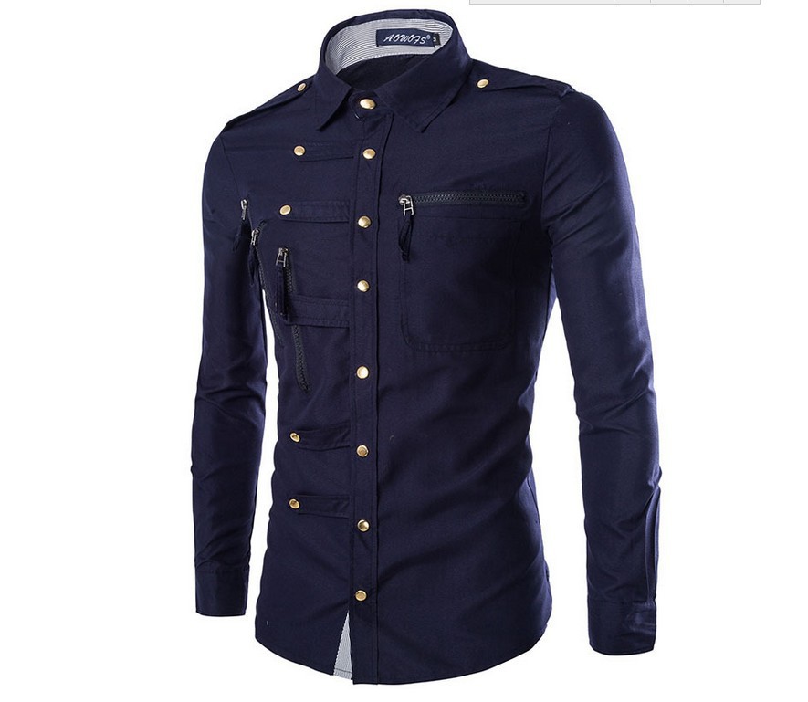 Large size new recommended European and American domineering slim long sleeve shirt men's shirt complex multi button shirt