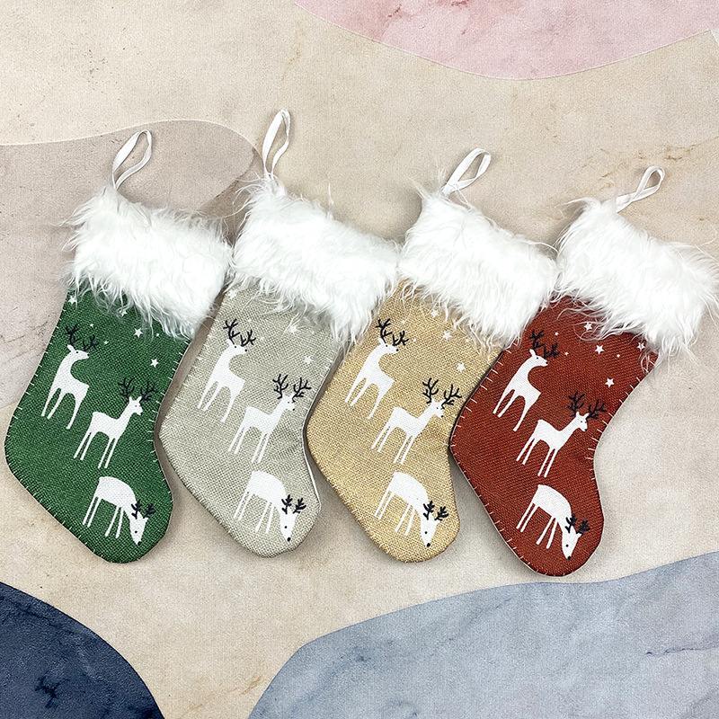 Amazon small size Christmas Stocking Hanging Candy Gift Bag Decorations Imitation Printed Deer Sock Christmas Stocking Christmas Decoration
