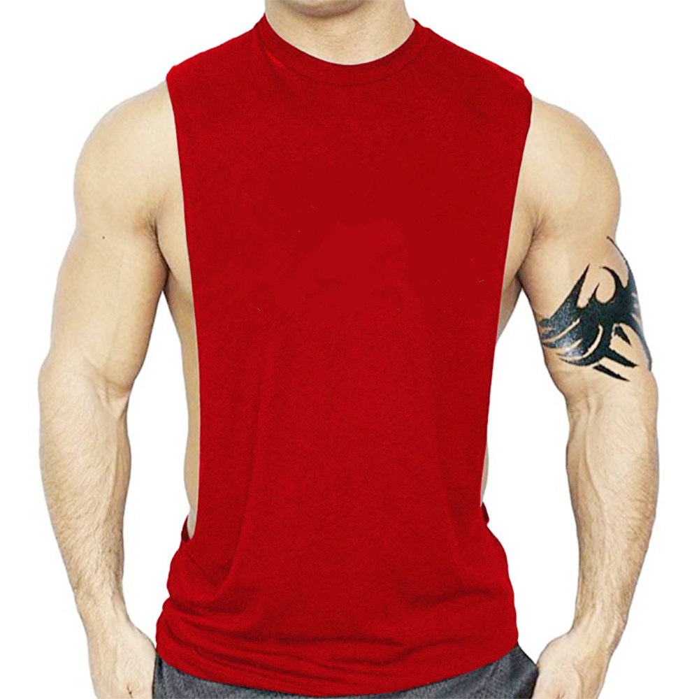 European and American Men's Fitness T-shirt sports waistcoat deep digging vest summer European size cotton solid color round neck T-shirt one-piece delivery