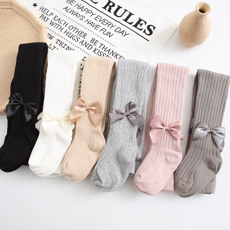 Spring and Autumn new big bow children's pantyhose leggings combed cotton six-color solid color sweet cropped girl