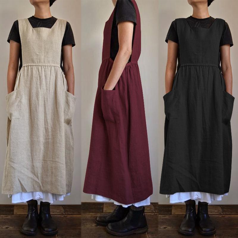 2023 Cross-border Source ebay Women's Cotton and Linen Apron High Waist Long Wai Home Clothes Loose Long Dress