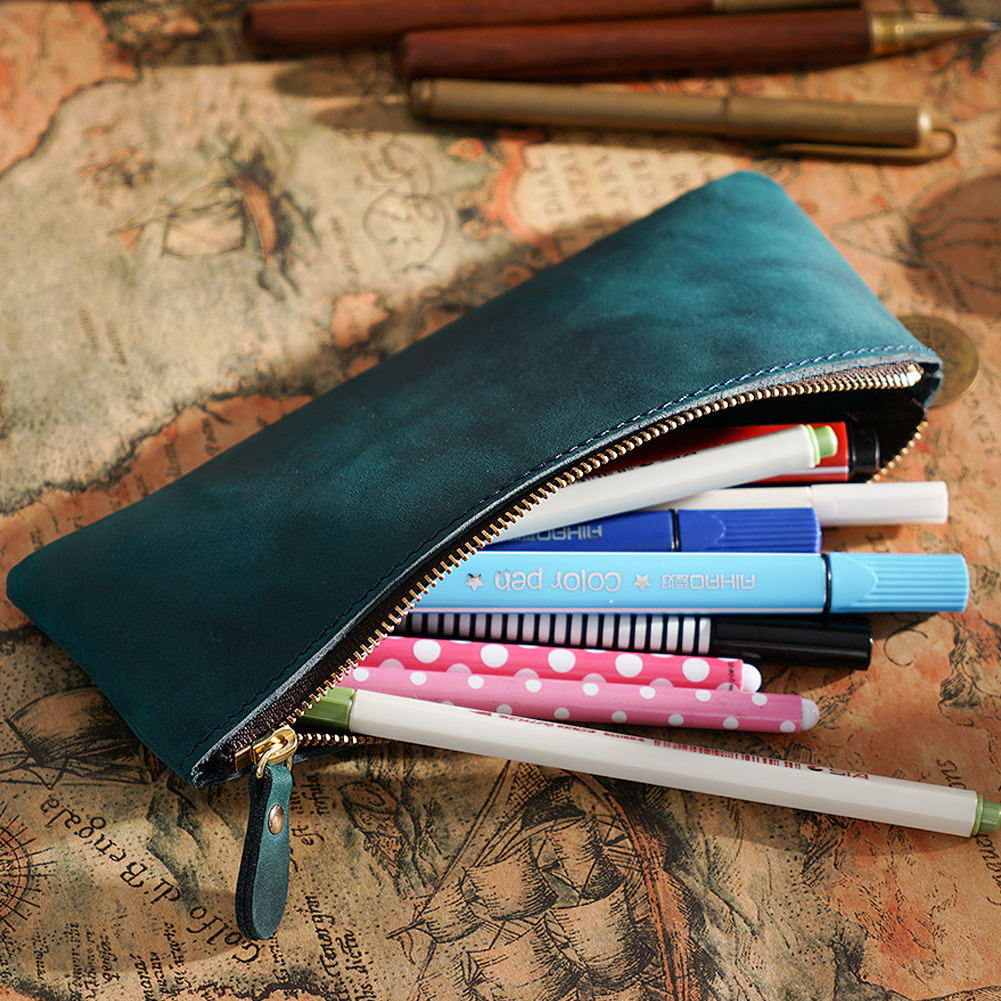 Men's and Women's Genuine Leather Zipper Simple Small Pencil Case Cowhide Pencil Case Personalized Handmade Creative Vintage Stationery Box Storage Bag
