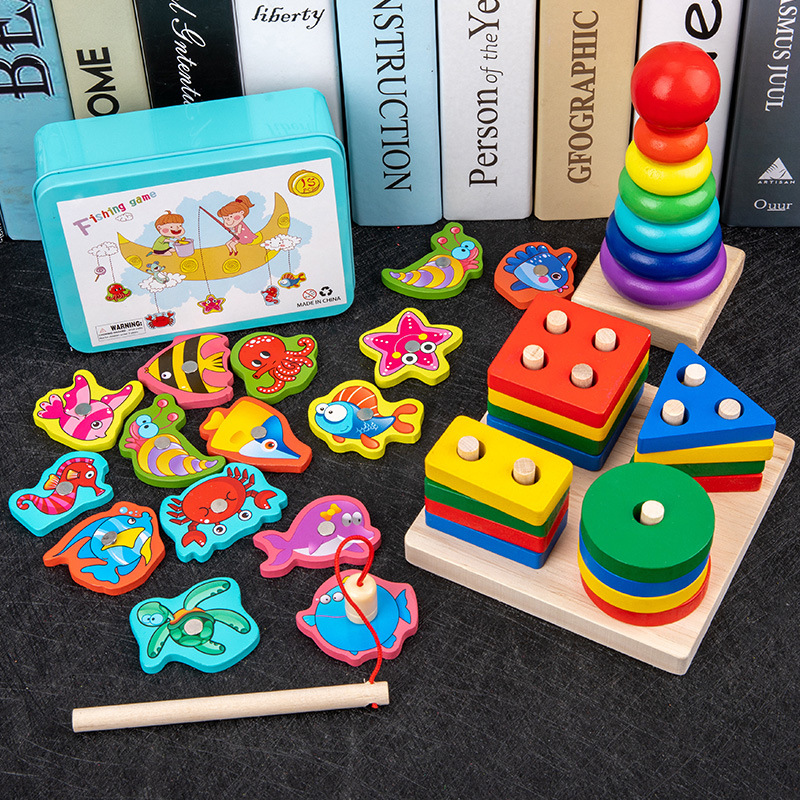 Babies and Young Children's Eight-tone Hand-harp Beaded Beads Twisted Worm Rainbow Tower Fishing Early Education Beneficial Intelligence Wooden Toys