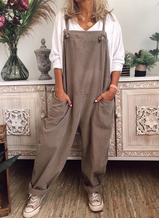 Ebay2023 Summer New Solid Color Casual Retro Pocket Sleeveless Cotton Linen Jumpsuit with Adjustable Lace