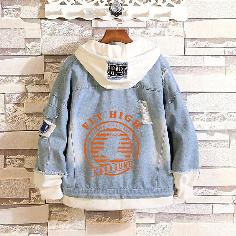 Volleyball Junior Wu Ye University Volleyball Department Rixiang Xiangyang Animation Men's and Women's Fake Two-Piece Hole Fashion Denim Jacket