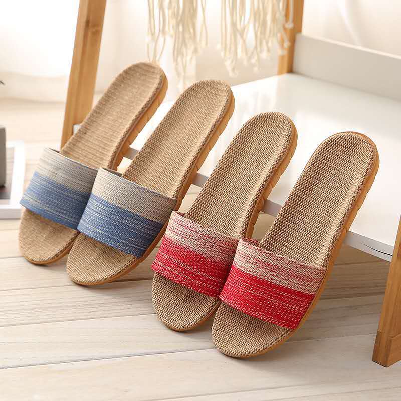 Linen Slippers Home Couple Indoor Slippers Wooden Floor Cotton and Linen Home Non-slip Thick Bottom Summer Sandals for Men and Women