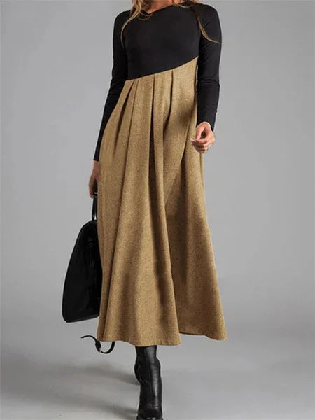 2023 Independent station autumn and winter Amazon New woolen dress color V-neck long sleeve stitching large swing dress