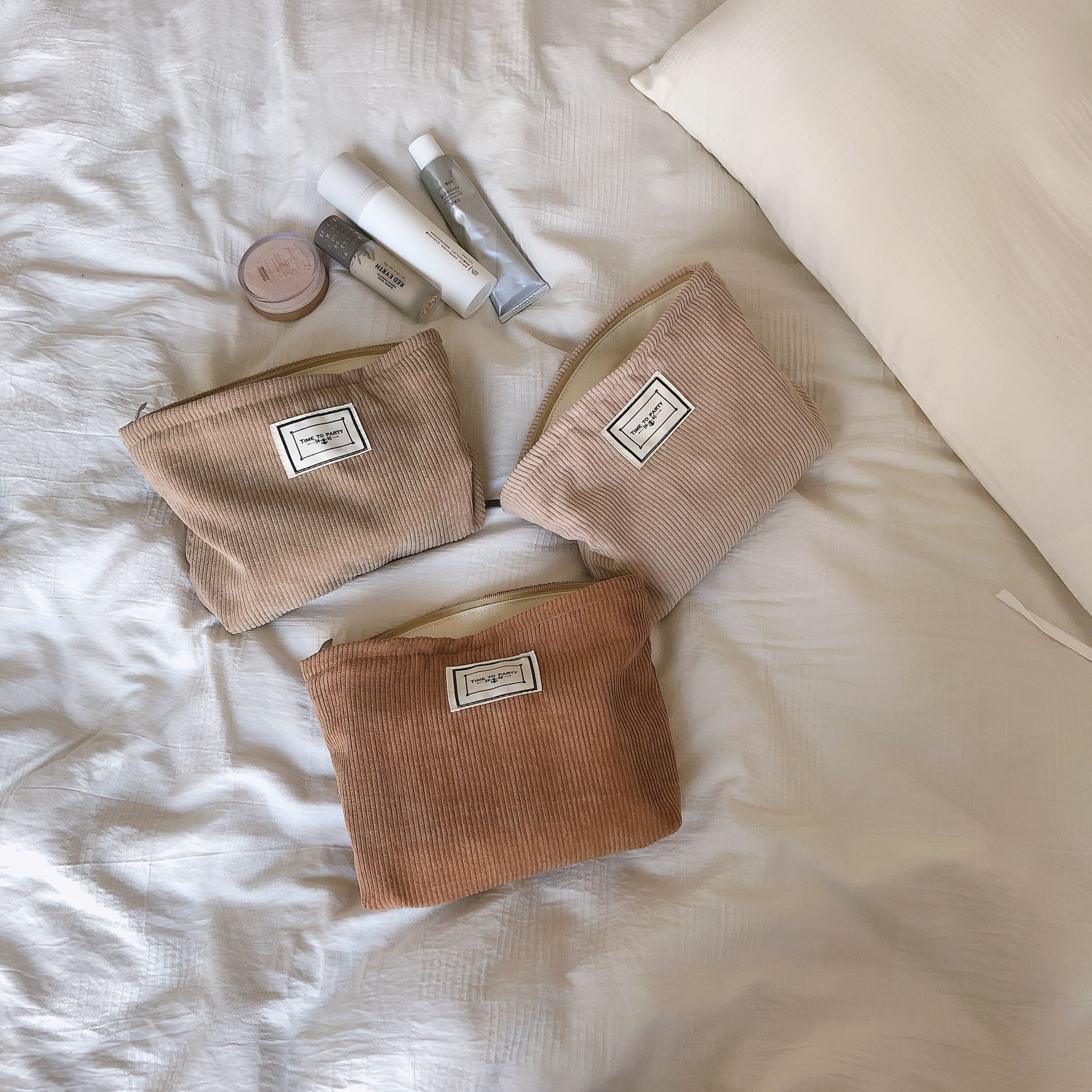 Cream Rice Apricot Brown Camel Cosmetic Bag Hand Bag Wash Bag Corduroy Cloth Bag Korean Simple All-match Solid Color