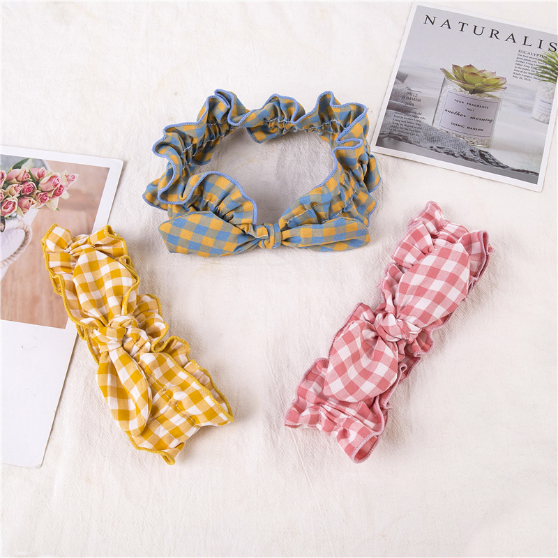 South Korea Fabric Hair Accessories Cyber Celebrant Face Wash Headband Bow Hair Band Sweet Girl Plaid Hair Band in stock