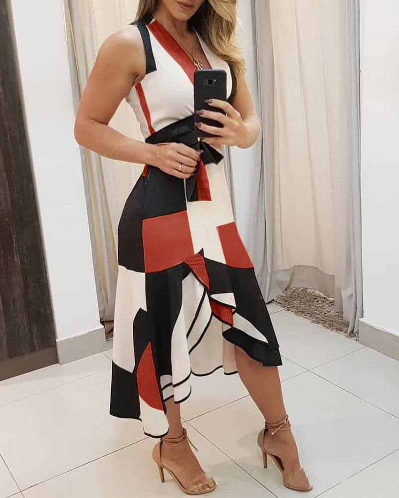 2020EBAY AliExpress WISH explosions summer V-neck sleeveless contrast color printed ladies dress women's clothing