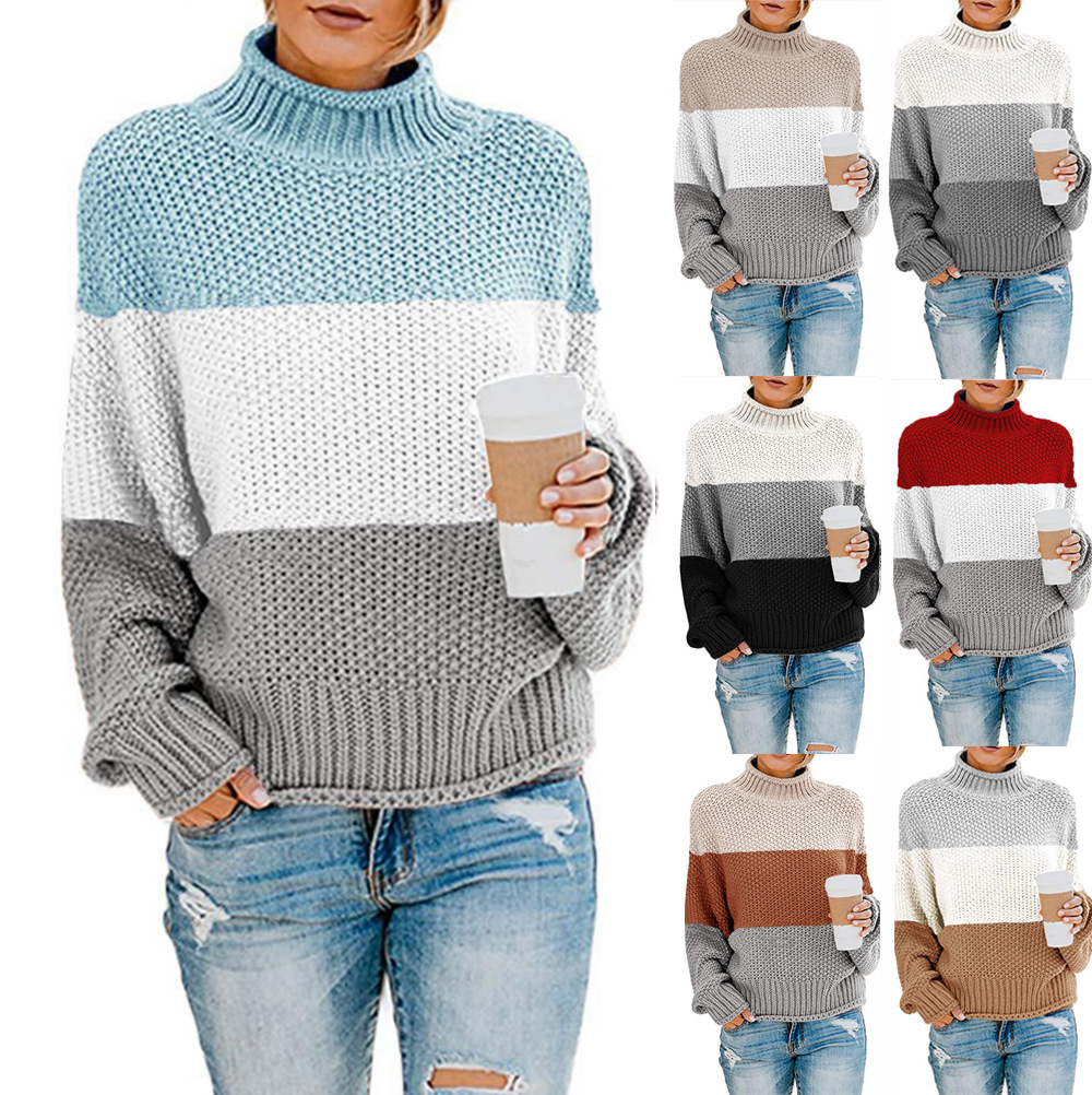 2024 cross-border wish autumn and winter new sweater sweater foreign trade women's Amazon thick line color matching high collar pullover