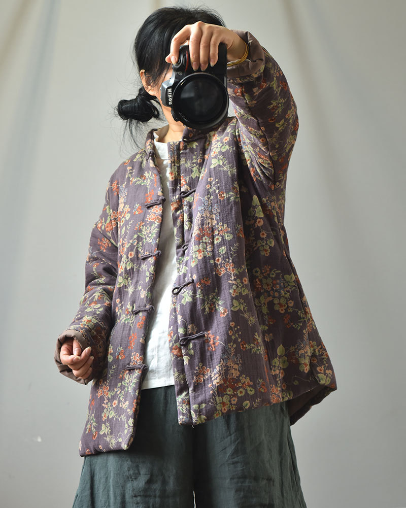 Naran/original plus size cotton and linen women's clothing Chinese cardigan stand collar casual cotton-padded clothes vintage printed warm cotton-padd_voghion.com