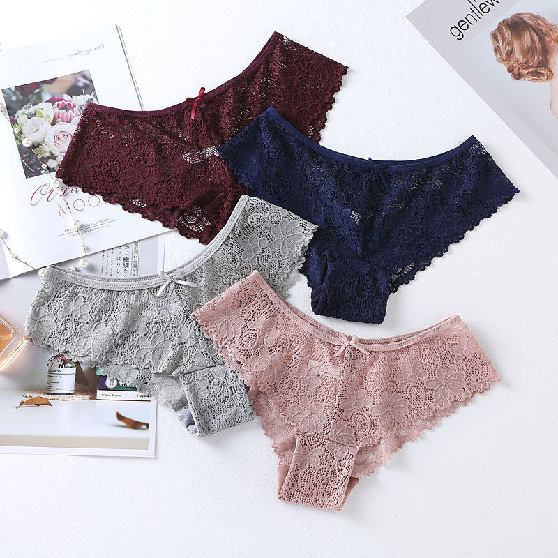 Cross-border sexy lace underwear women's cotton crotch low waist seamless hollow transparent European and American large size women's briefs