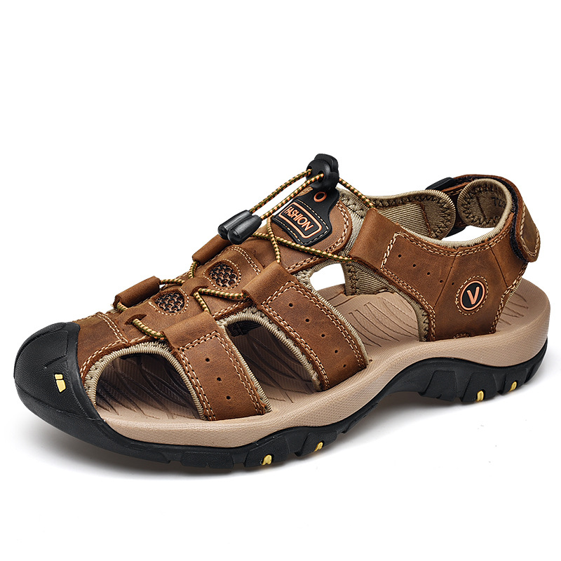 7239 summer men's shoes outdoor beach shoes large size cross-border sandals covered toe Velcro leather top layer cowhide surface tide