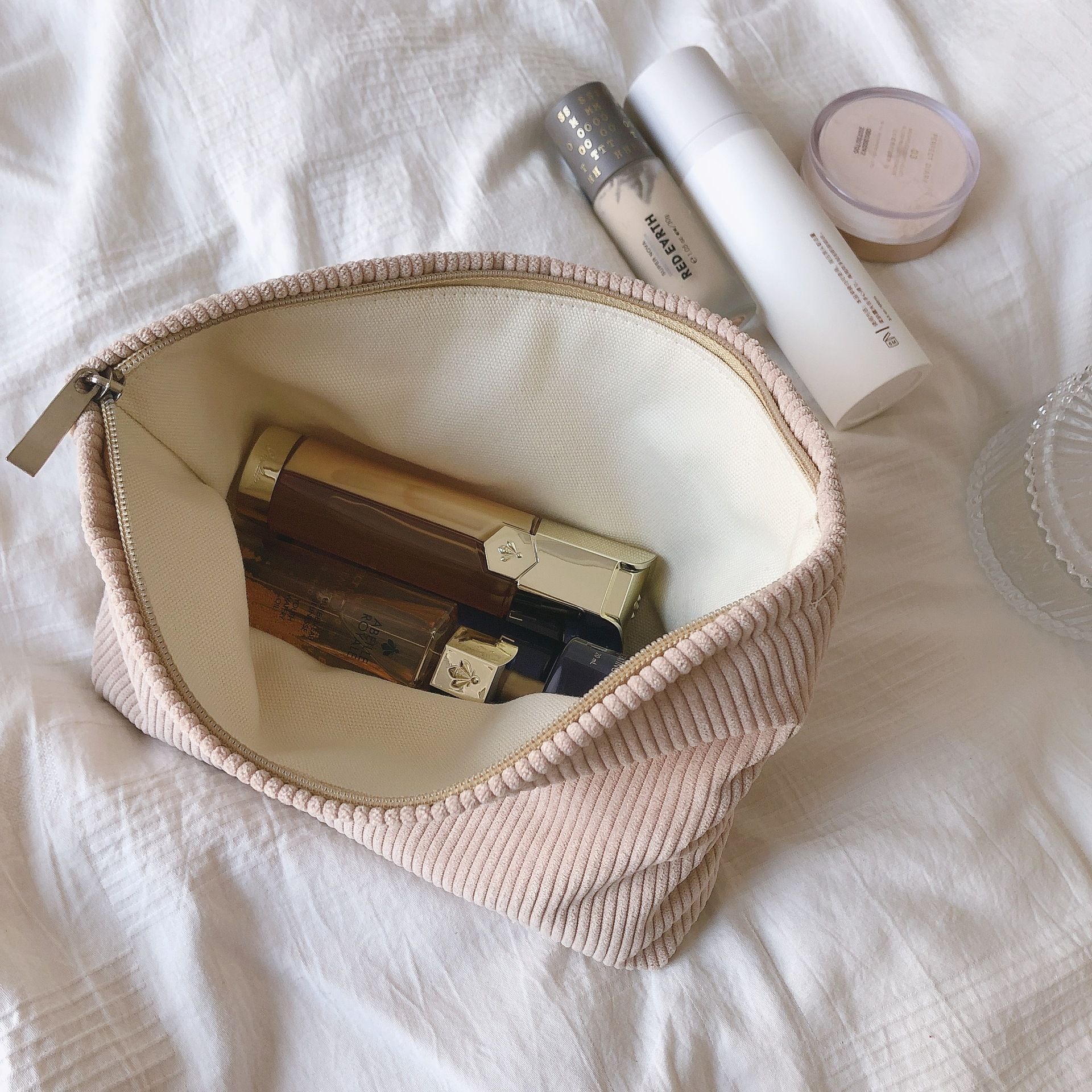 Cream Rice Apricot Brown Camel Cosmetic Bag Hand Bag Wash Bag Corduroy Cloth Bag Korean Simple All-match Solid Color