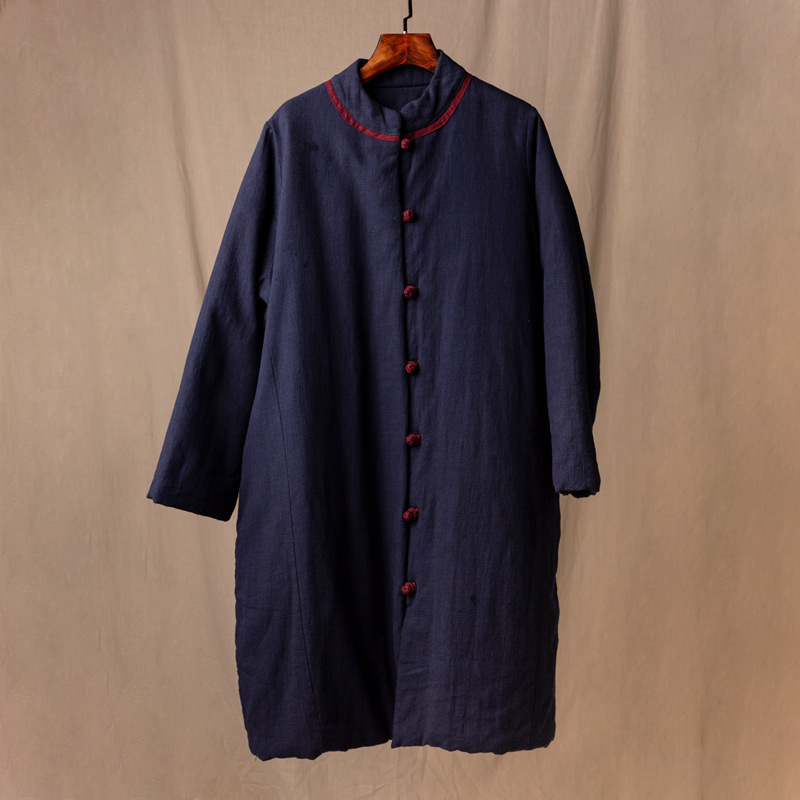 2023 Winter Neue Vintage Chinesischen Stil Vertikale Kragen Chinesischen Stil Kontrast Farbe Platte Schnalle Mittellange Baumwolle gefütterte Jacke Leinen Lose Baumwolle-pad_voghion.com