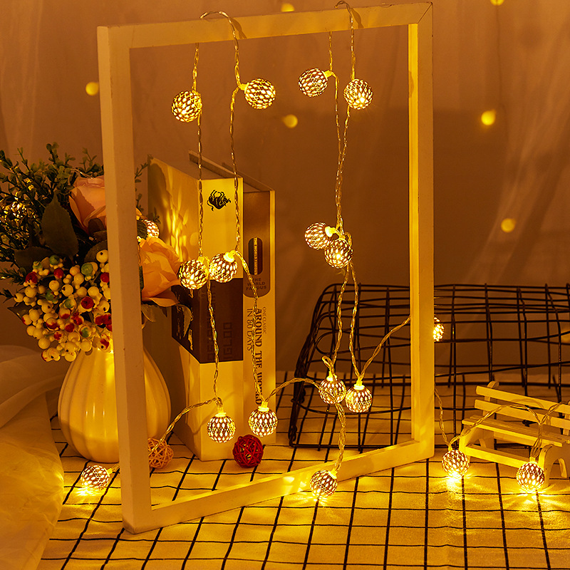Cross-border new LED Moroccan ball light string Christmas holiday iron ball hollow golden ball decorative lights