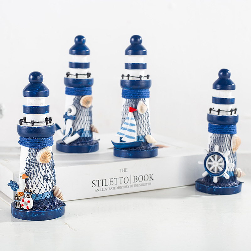 Cross-Border 13cm Ocean Wooden Mini Lighthouse Mediterranean Style Home Accessories Craft Gift Ocean Lighthouse Ornaments