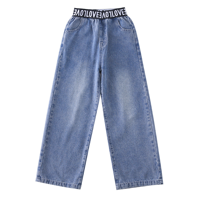Girls' Jeans Large Children's Loose Western Style Children's Pants 2022 Autumn and Winter Children's Fleece-Lined Wide-Leg Pants Korean Style Children's Fashion