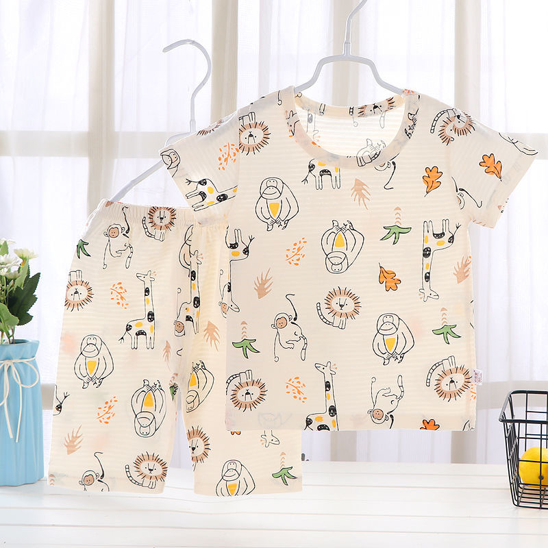 Children's short sleeve shorts bamboo cotton summer pajamas set baby home clothes thin cotton half sleeve a generation of hair